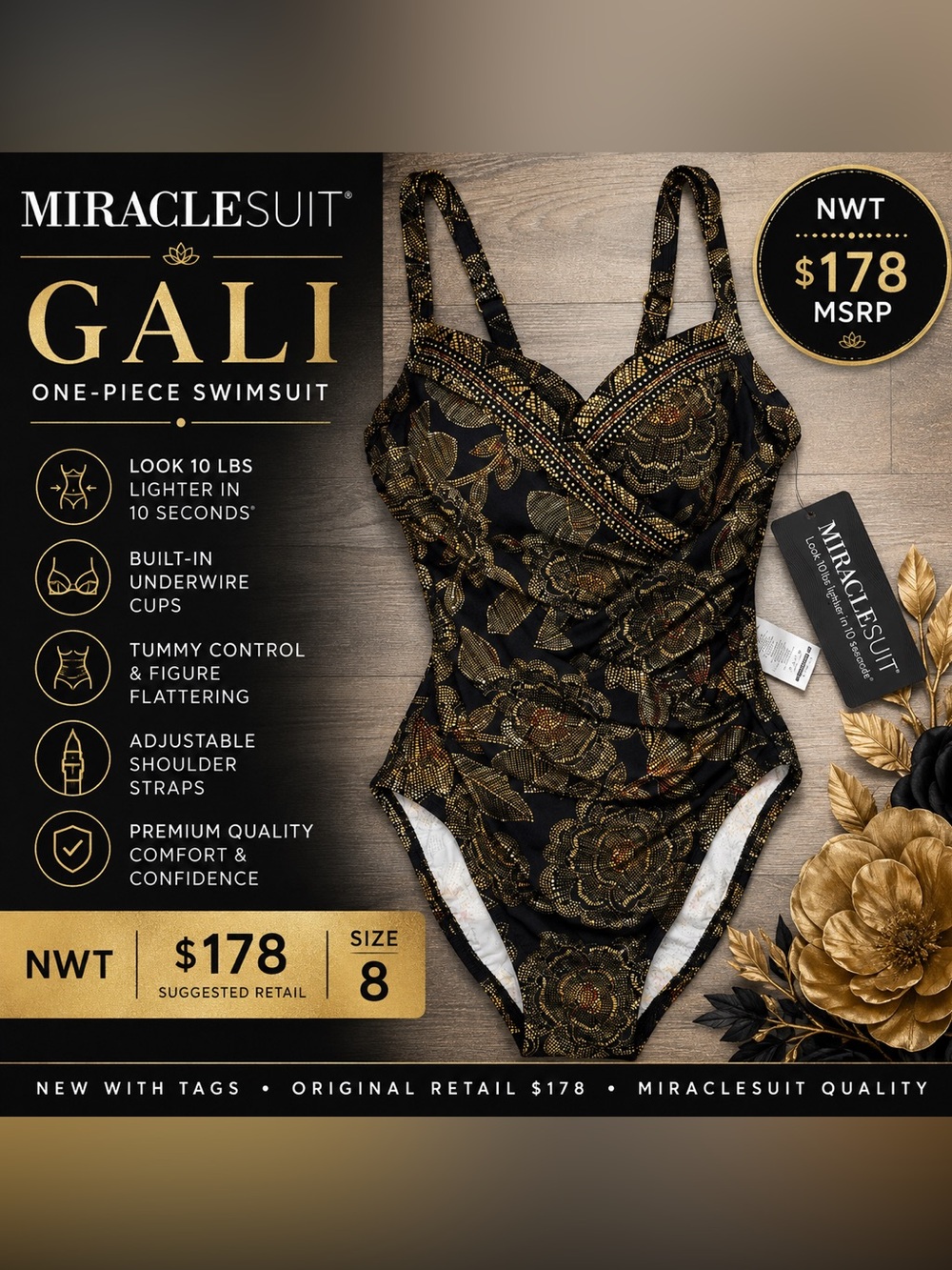 MIRACLESUIT GALI ONE-PIECE SWIMSUIT, NEW WITH TAGS